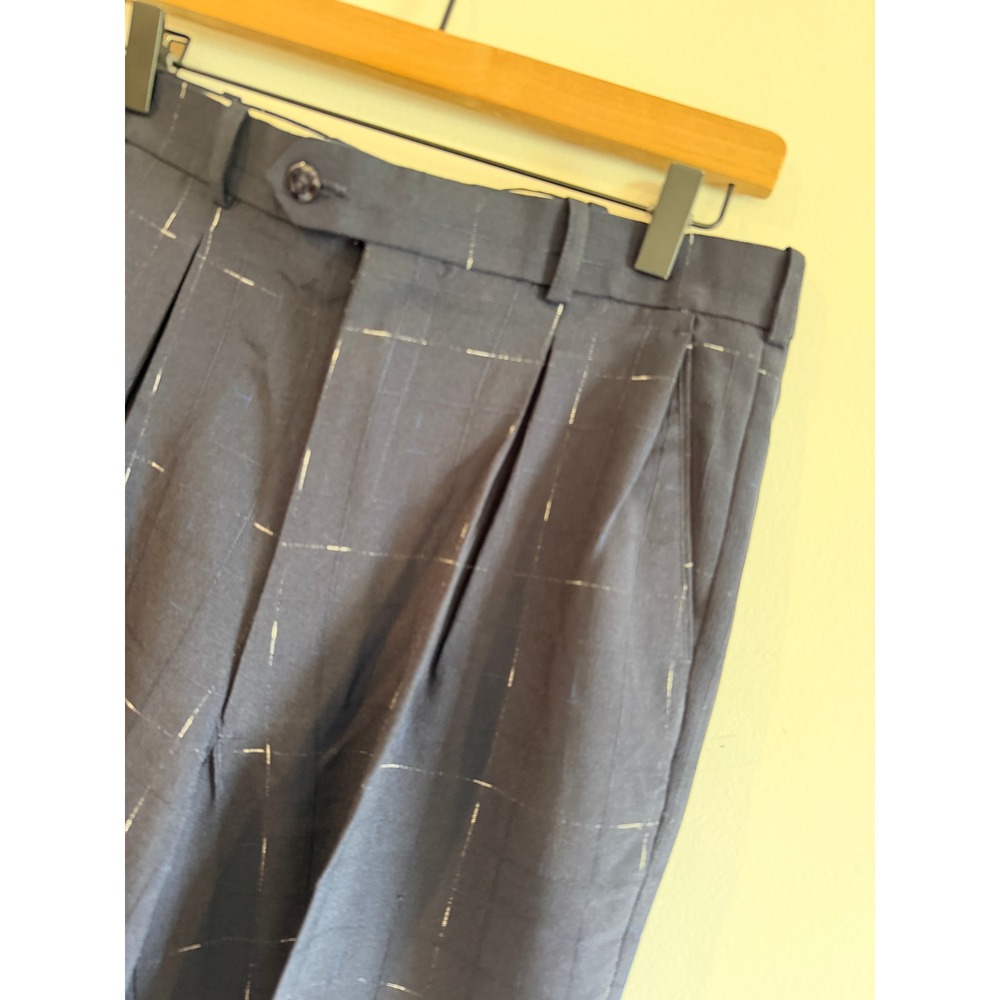 Pronti Collection by Phita Mens 34 Navy Blue Silver Windowpane Pleated Pants